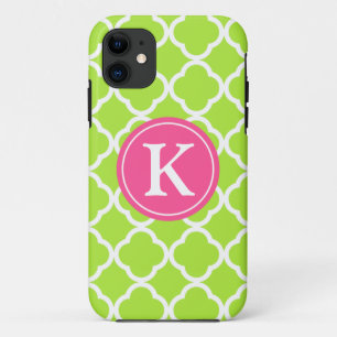 Capa Para iPhone 11 Monograma cor-de-rosa de Quatrefoil do limão