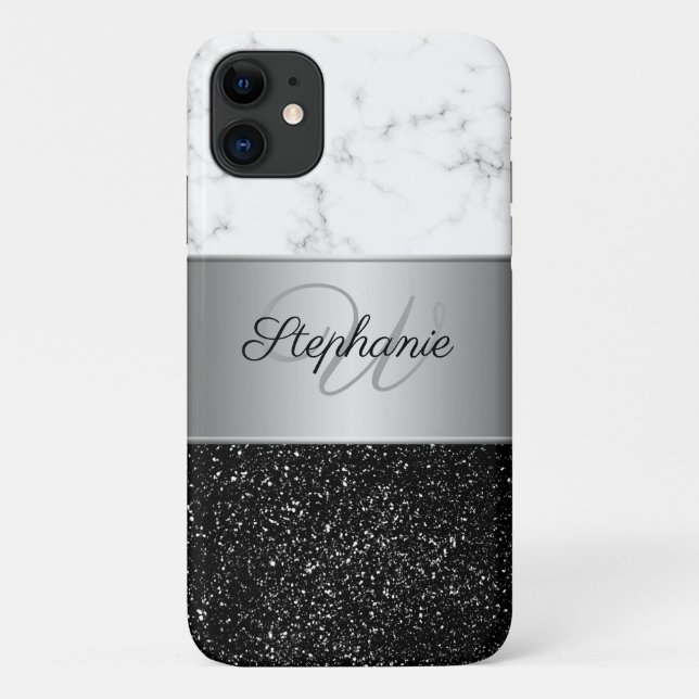 Capa Para iPhone 11 Monograma da Cinza branca mármore preto esbranquiç (Verso)