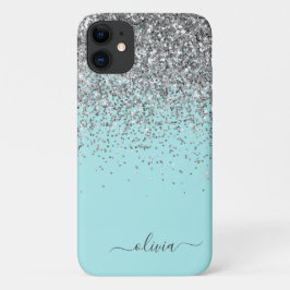 Capa Para iPhone 11 Monograma da Garota Azul-Teal Negra