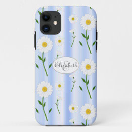 Capa Para iPhone 11 Monograma Daisies Summer Pattern Blue Stripe