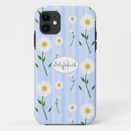 Capa Para iPhone 11 Monograma Daisies Summer Pattern Blue Stripe