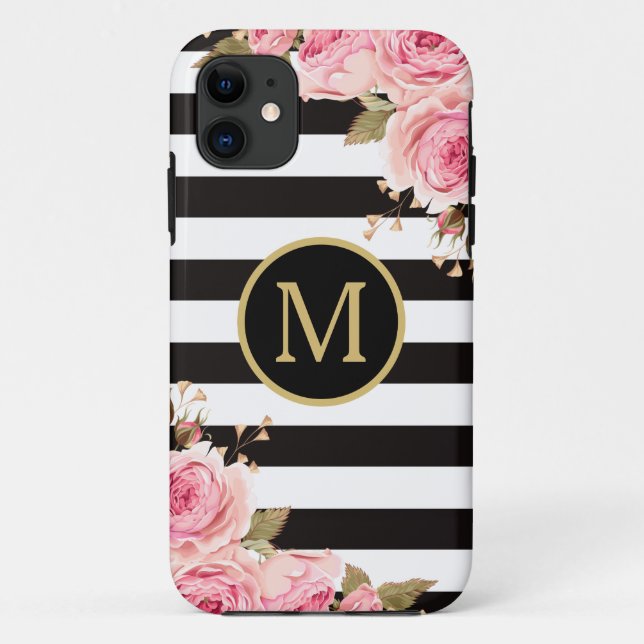 Capa Para iPhone 11 Monograma das faixas planas, pretas e brancas (Verso)