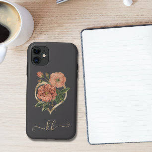 Capa Para iPhone 11 Monograma das flores Douradas do coração, cor-de-r