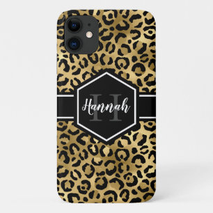 Capa Para iPhone 11 Monograma das Manchas Leopardo Pretas Douradas