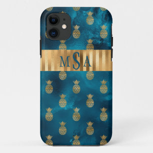 Capa Para iPhone 11 Monograma de abacaxi Dourado de Teal Elegante