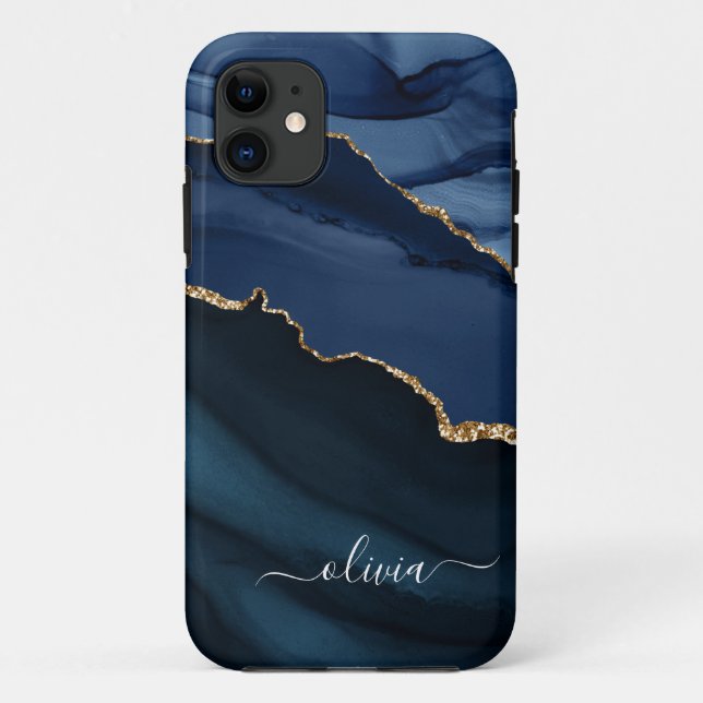 Capa Para iPhone 11 Monograma de Ágata Azul-Marinho em Geodo com Doura (Verso)