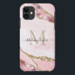 Capa Para iPhone 11 Monograma de Agitação de Mármore Dourado, Cor-de-r<br><div class="desc">Cartão de visita de Agitação de Mármaco Elegante Moderno Lente Rosa Dourada Luminosa Cor-de-rosa</div>