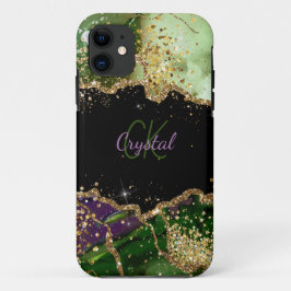 Capa Para iPhone 11 Monograma de Agitação Luminosa Verde e Roxo Modern