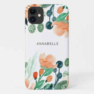 Capa Para iPhone 11 Monograma de Aquarela Floral Girly Elegante