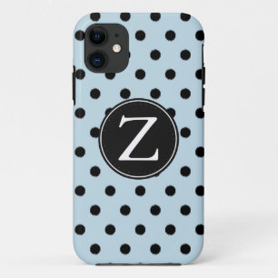 Capa Para iPhone 11 Monograma de Bolinhas Pretas Azul