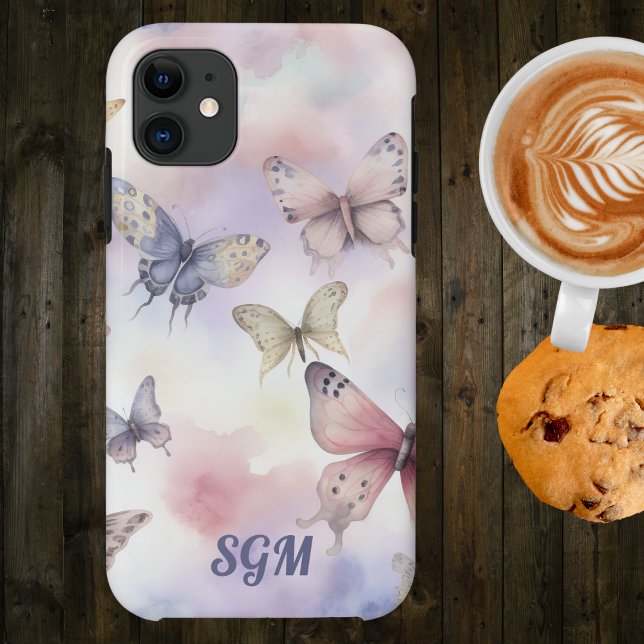 Capa Para iPhone 11 Monograma de Borboletas Aquarela  (Criador carregado)