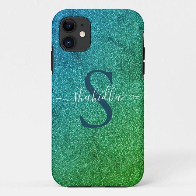 Capa Para iPhone 11 monograma de brilho azul e brilhante verde (Verso)