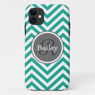 Capa Para iPhone 11 Monograma de Chevron Azul Teal