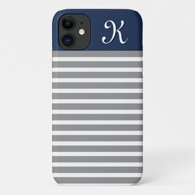 Capa Para iPhone 11 Monograma de cinzas e Marinhos com risca (Verso)
