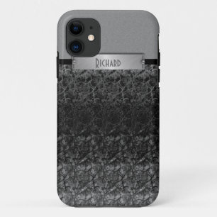 Capa Para iPhone 11 Monograma de couro cinzento metálico e preto do