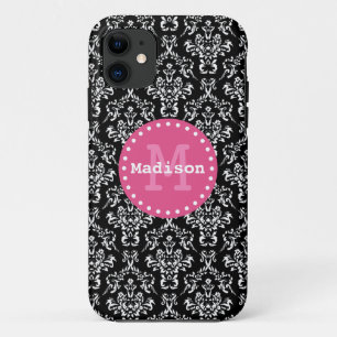 Capa Para iPhone 11 Monograma de Damasco Vitoriano Rosa Preto