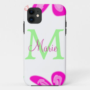 Capa Para iPhone 11 Monograma de flor rosa adicionar nome letra folha