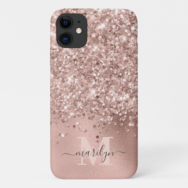 Capa Para iPhone 11 Monograma de Folha Glitter de Faux Dourada Glam Ro (Verso)