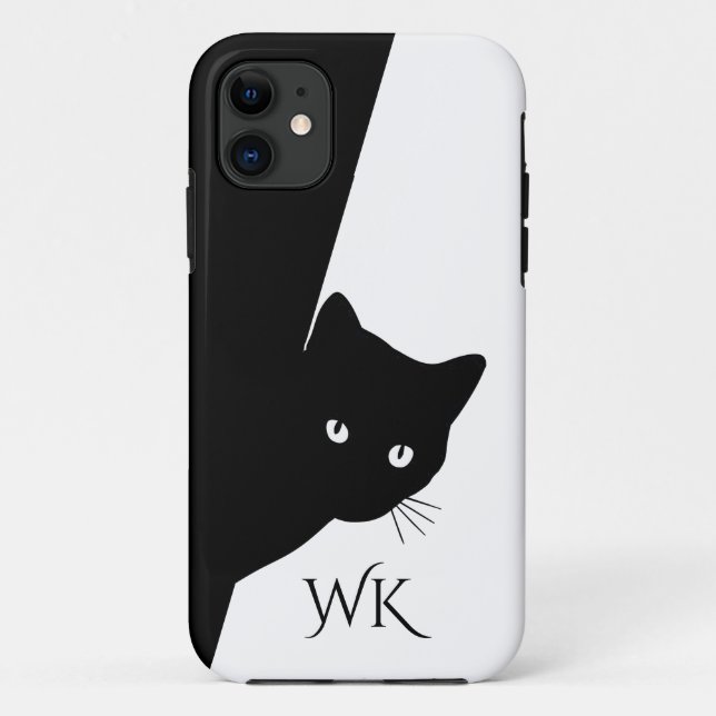 Capa Para iPhone 11 Monograma de Gato Preto Astuto (Verso)