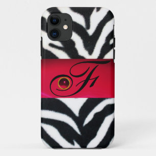 CAPA PARA iPhone 11 MONOGRAMA DE GEM VERMELHA DE PELE ZEBRA BRANCA PRE