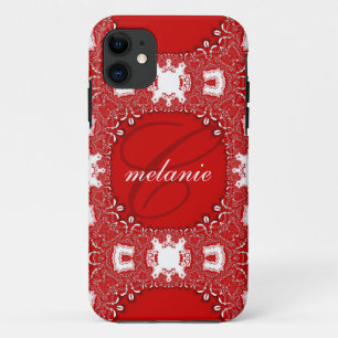 Capa Para iPhone 11 Monograma de Lace Vermelho Quente e Branco Único