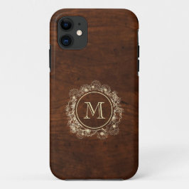 Capa Para iPhone 11 Monograma de Madeira em Ouro Rústico