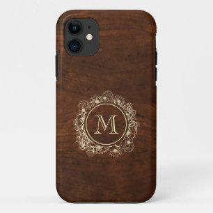Capa Para iPhone 11 Monograma de Madeira em Ouro Rústico