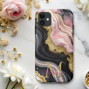 Capa Para iPhone 11 Monograma de mármore brilhante Dourado, cor-de-ros