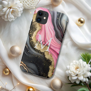 Capa Para iPhone 11 Monograma de mármore brilhante Dourado, cor-de-ros