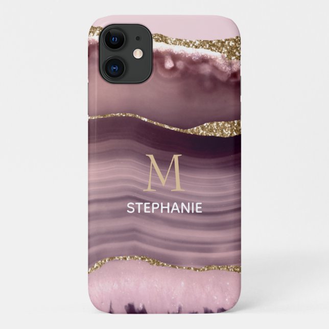 Capa Para iPhone 11 Monograma de Nome em Geodo de Ágata Rosa e Roxa (Verso)