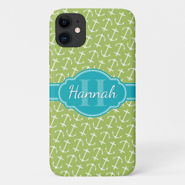 Capa Para iPhone 11 Monograma de Padrão de Âncora Branco Verde (Verso)