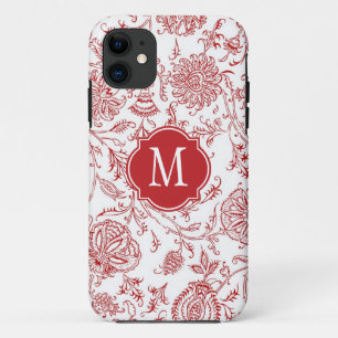 Capa Para iPhone 11 Monograma de Padrão de Flor Vermelho e Branco