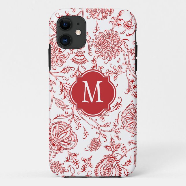 Capa Para iPhone 11 Monograma de Padrão de Flor Vermelho e Branco (Verso)