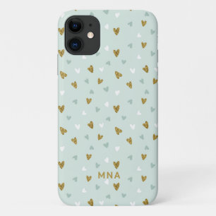 Capa Para iPhone 11 Monograma de padrão Dourado de brilho e mint