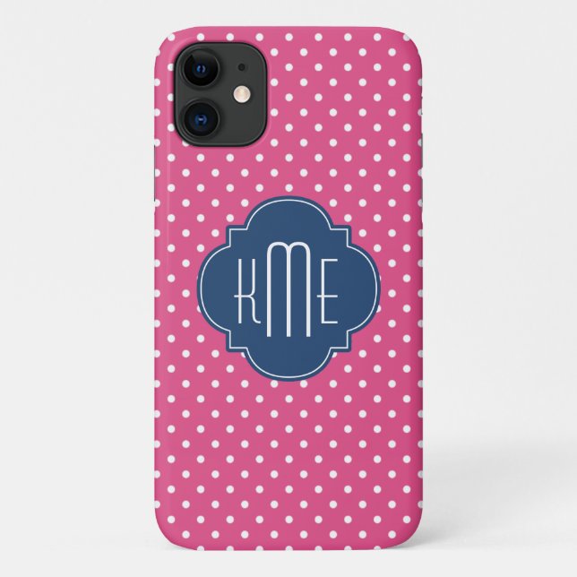 Capa Para iPhone 11 Monograma de Quatrefoil de Bolinhas Brancas (Verso)