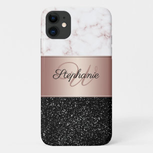 Capa Para iPhone 11 Monograma de Rosa de mármore preto Dourado com br