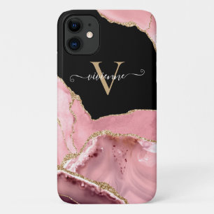 Capa Para iPhone 11 Monograma de rosa Dourado Agate Glitter
