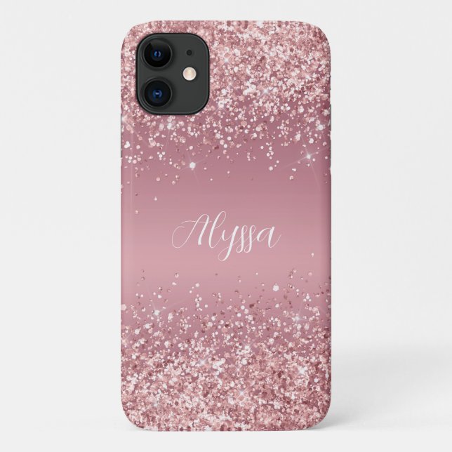 Capa Para iPhone 11 Monograma de Script Glitter Dourado rosa (Verso)