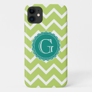 Capa Para iPhone 11 Monograma de Teal Chevron limão