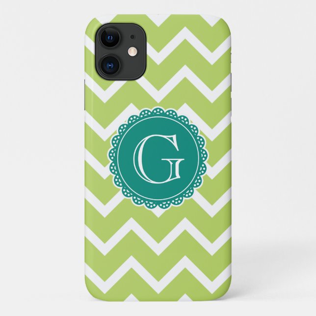Capa Para iPhone 11 Monograma de Teal Chevron limão (Verso)