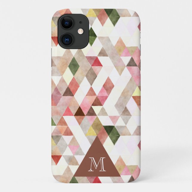 Capa Para iPhone 11 Monograma de Triângulo Rosa Verde Aquarela Moderna (Verso)