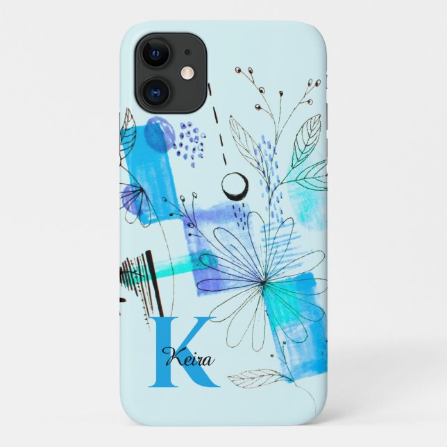 Capa Para iPhone 11 Monograma de Turquesa Azul Negra Teal (Verso)