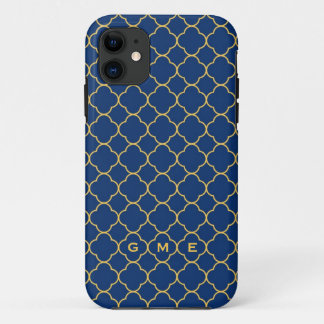 Capa Para iPhone 11 Monograma do amarelo 3 do marinho do teste padrão