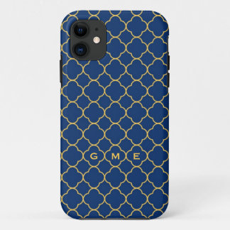 Capa Para iPhone 11 Monograma do amarelo 3 do marinho do teste padrão