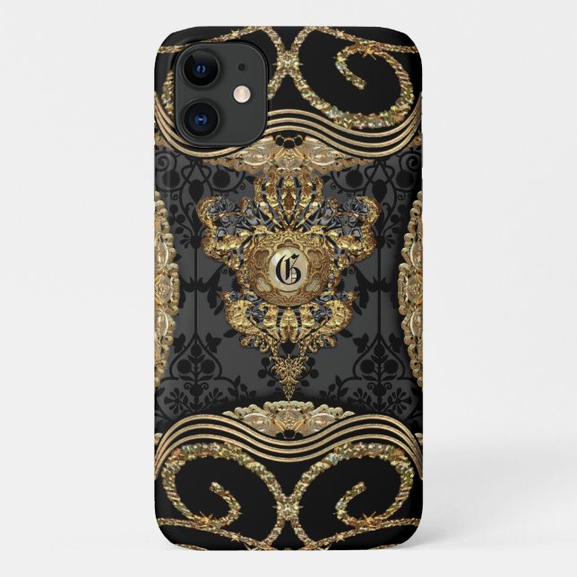 Capa Para iPhone 11 Monograma do Damask Amymica (Verso)
