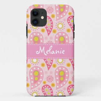 Capa Para iPhone 11 Monograma do iPhone de Paisley Rosa Personalizado