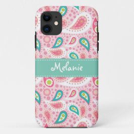 Capa Para iPhone 11 Monograma do iPhone de Paisley Rosa Personalizado