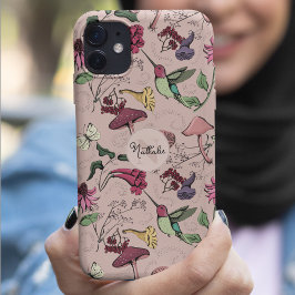 Capa Para iPhone 11 Monograma do Jardim do Hummingbird Rosa-Blush Chic