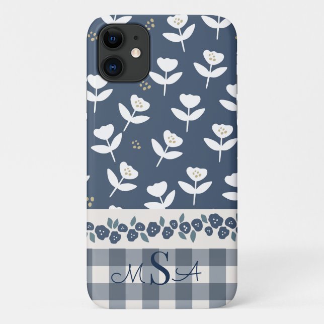 Capa Para iPhone 11 Monograma do Padrão Farmário Floral Azul bonito (Verso)