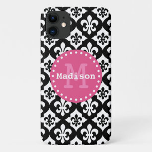 Capa Para iPhone 11 Monograma do padrão preto branco de flor-de-lis
